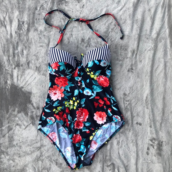COCOSHIP Other - Floral Striped Halter One Piece Swimsuit Cocoship